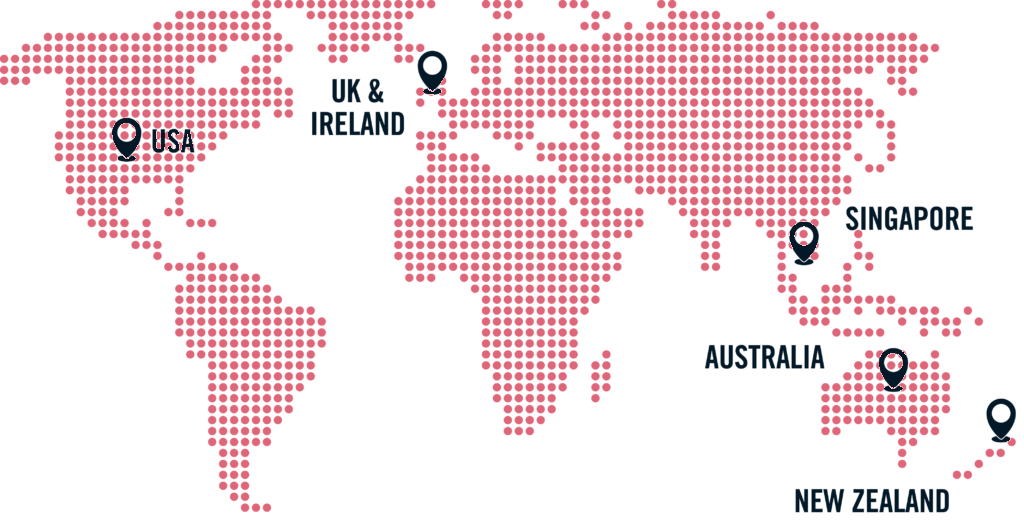 Dotted world map with navy labels highlighting The Marketing Room's international markets