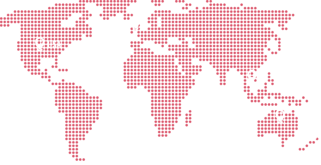 Dotted world map highlighting The Marketing Room's markets across the USA, UK and Ireland, Singapore, Australia and New Zealand