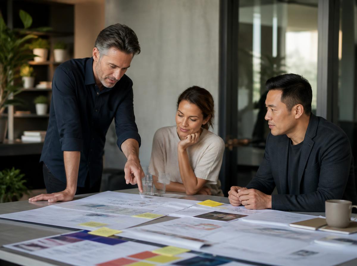 Three marketing advisers reviewing brand strategy plans together